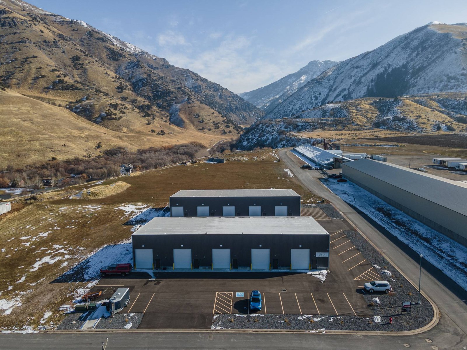 Aerial view of the Hyrum Flex buildings facing the canyon